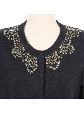 Loft Cardigan Women Small Formal Gray Embossed Beads Stones Jeweled Long Sleeve